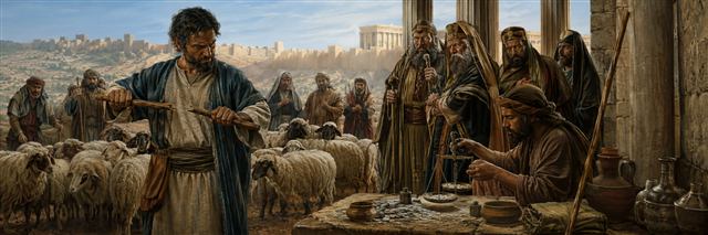 A prophetic shepherd breaks one wooden staff while another remains beside an exploited flock and thirty silver coins are weighed near watching leaders