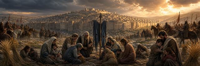 Separate families mourn around a pierced garment hanging from a staff as armies surround Jerusalem beneath breaking light