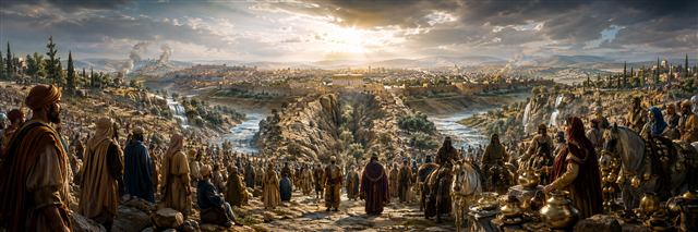 Crowds gather before restored Jerusalem as the Mount of Olives splits into a valley and living waters flow east and west beneath enduring light
