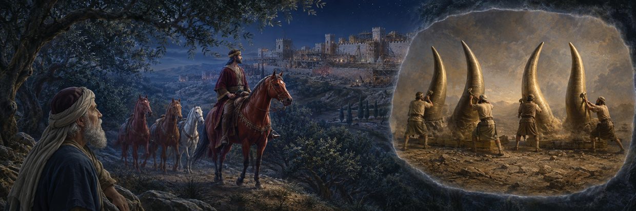 Zechariah sees a red-horse rider with red, brown, and white horses in myrtle trees as four craftsmen confront four horns near rebuilding Jerusalem