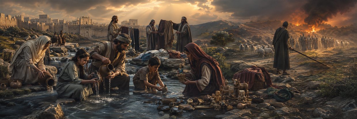Families wash and discard household idols in a flowing fountain while sheep scatter near a fallen staff and a remnant emerges through refining fire