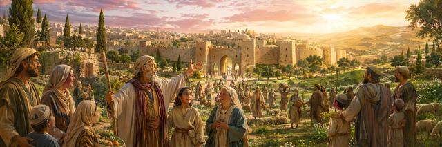 Families, children, elders, and shepherds celebrate before restored Jerusalem while people from many nations approach open gates beneath radiant dawn
