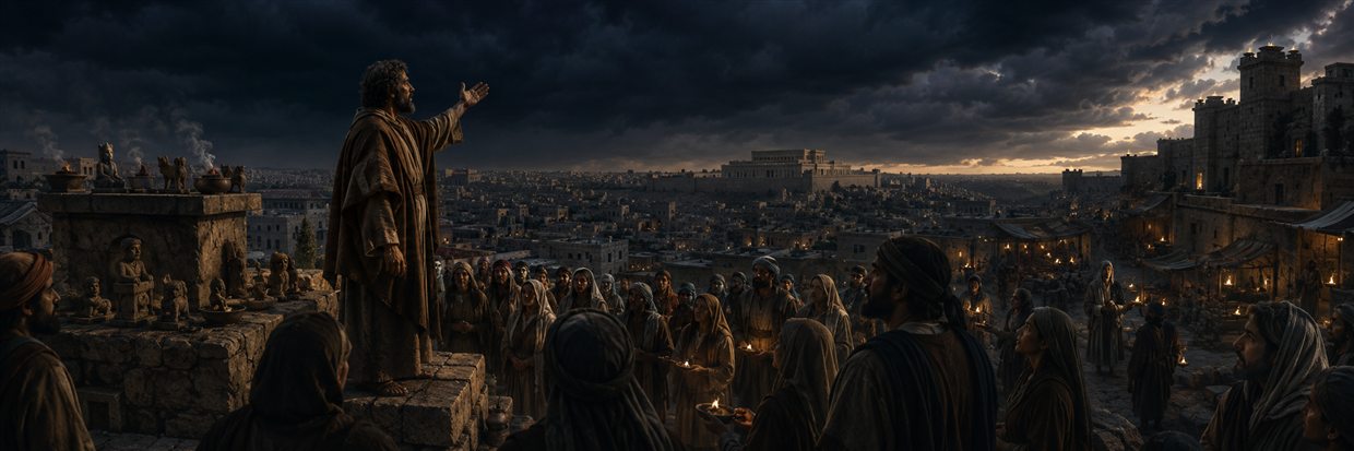 Zephaniah warns a gathered crowd from a Jerusalem terrace as oil lamps search dark markets and abandoned rooftop idols stand beneath an approaching storm