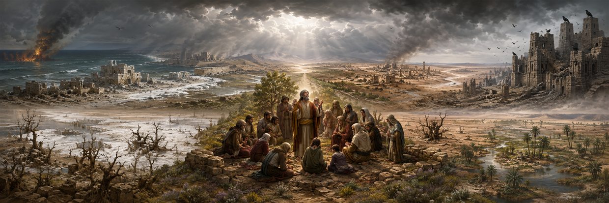A humble community gathers around Zephaniah on a green rise between ruined coasts, salt wastes, arid lands, and abandoned Assyrian towers