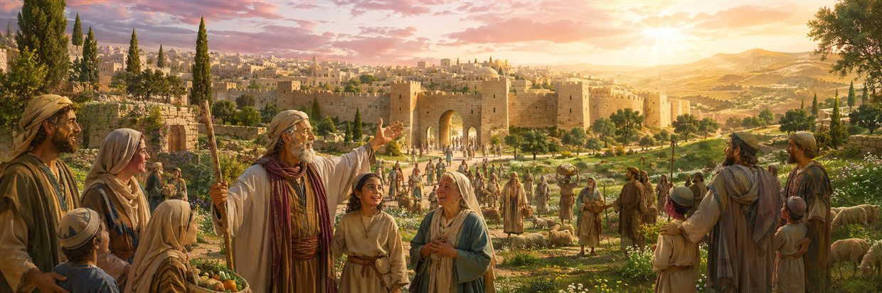 Families, children, elders, and shepherds celebrate before restored Jerusalem while people from many nations approach open gates beneath radiant dawn
