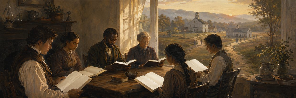 A nineteenth-century Bible study at dawn overlooking a school and health ministry.