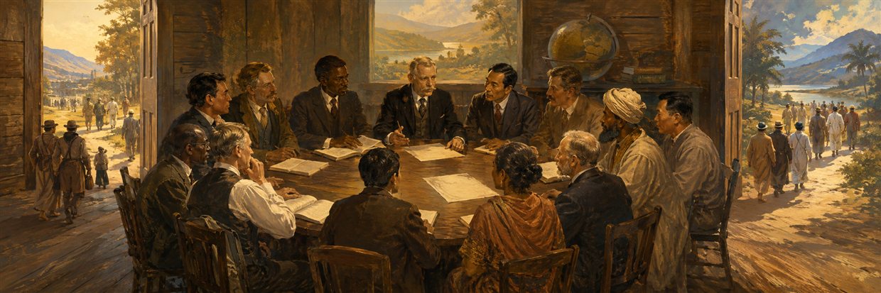 A diverse 1914 fellowship of ministers planning missions in a warm wooden hall.