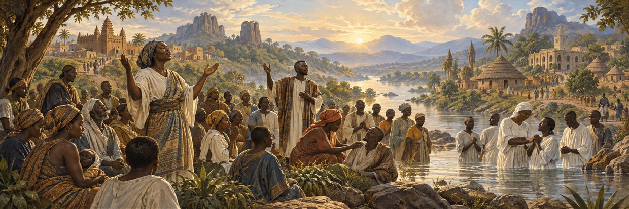 African-led Christian worship, care, and baptism gathered beside a river.