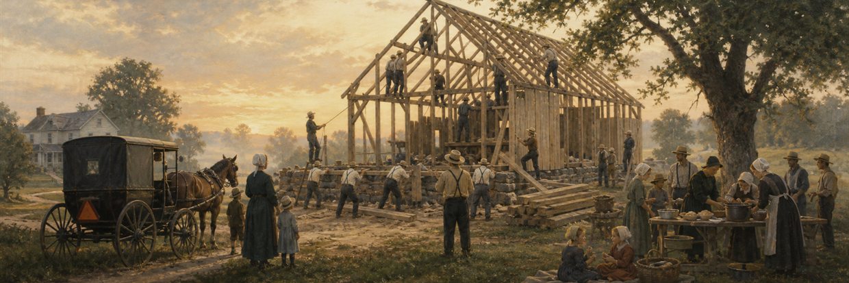 An Amish community raising a timber barn together beside a horse-drawn buggy