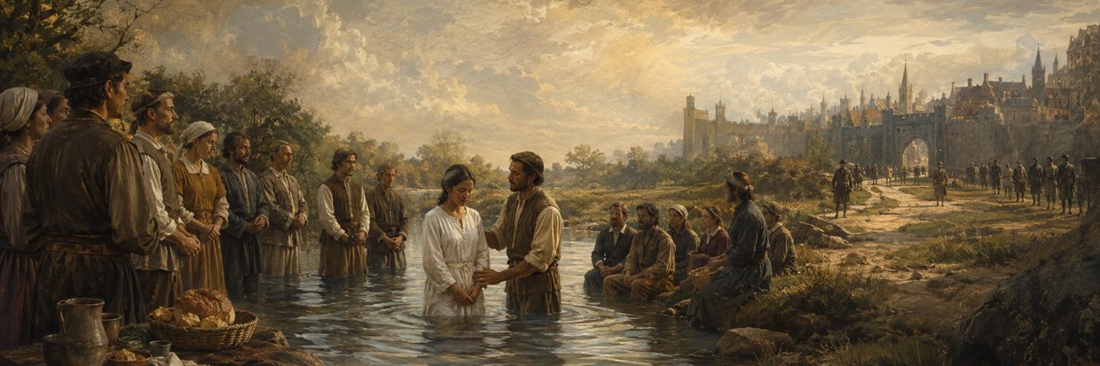 Early Anabaptists gathering for believer's baptism beside a river