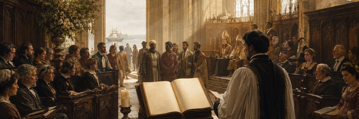 An Anglican congregation gathered around a common prayer book in a sunlit parish church