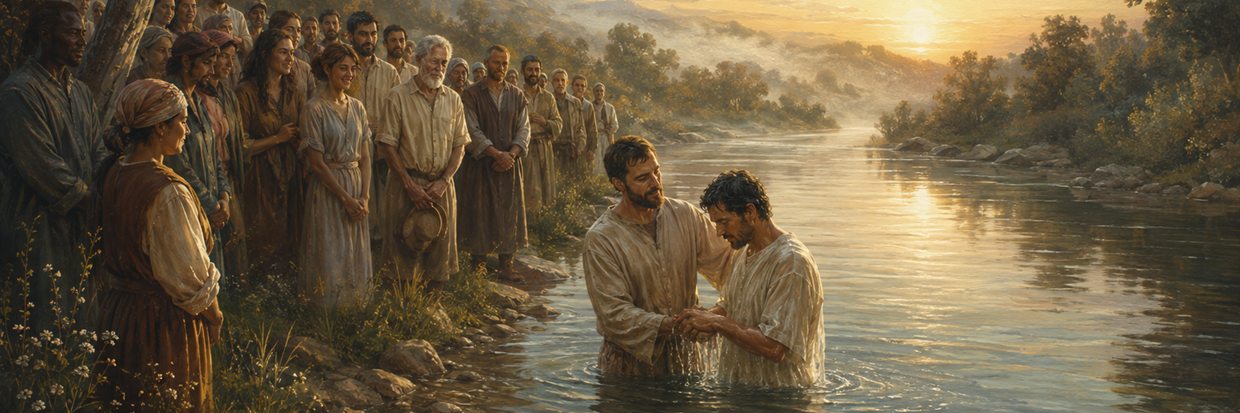 A congregation witnessing a believer's baptism in a quiet river at dawn