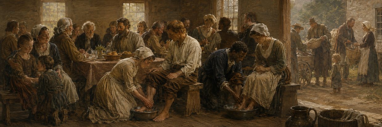 A Brethren fellowship sharing a meal, feet-washing and practical service