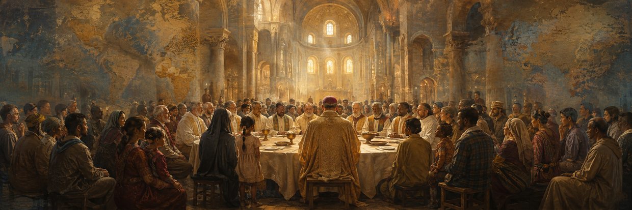 A worldwide Catholic congregation gathered around a shared table in a luminous church