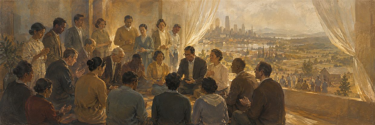 Christians from varied traditions gathered in a luminous mid-century prayer meeting.