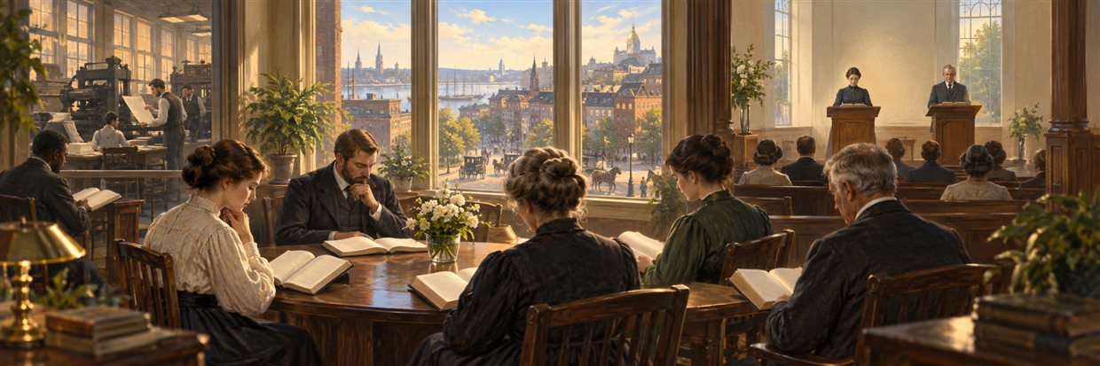 A Christian Science reading room and lay-led service in nineteenth-century Boston.