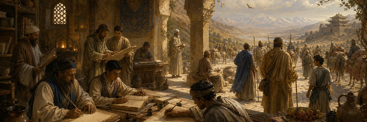 Church of the East scholars and travelers carrying manuscripts along the Silk Road
