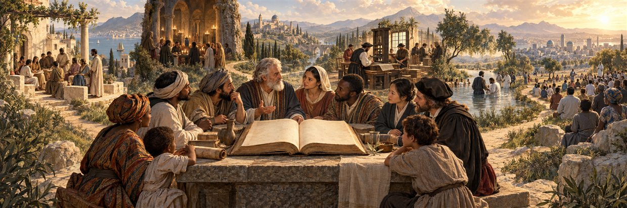 Communities from many centuries gathering around shared scripture as their paths branch outward
