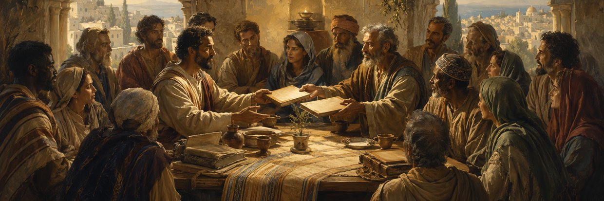 Eastern and western Christians sharing scripture around one table in the early Church
