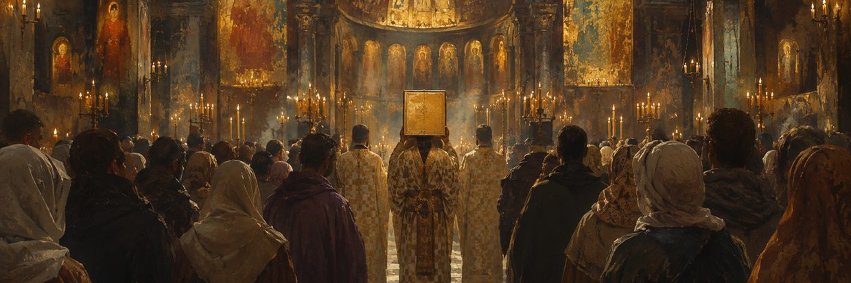 An Eastern Orthodox congregation standing together during an ancient candlelit liturgy