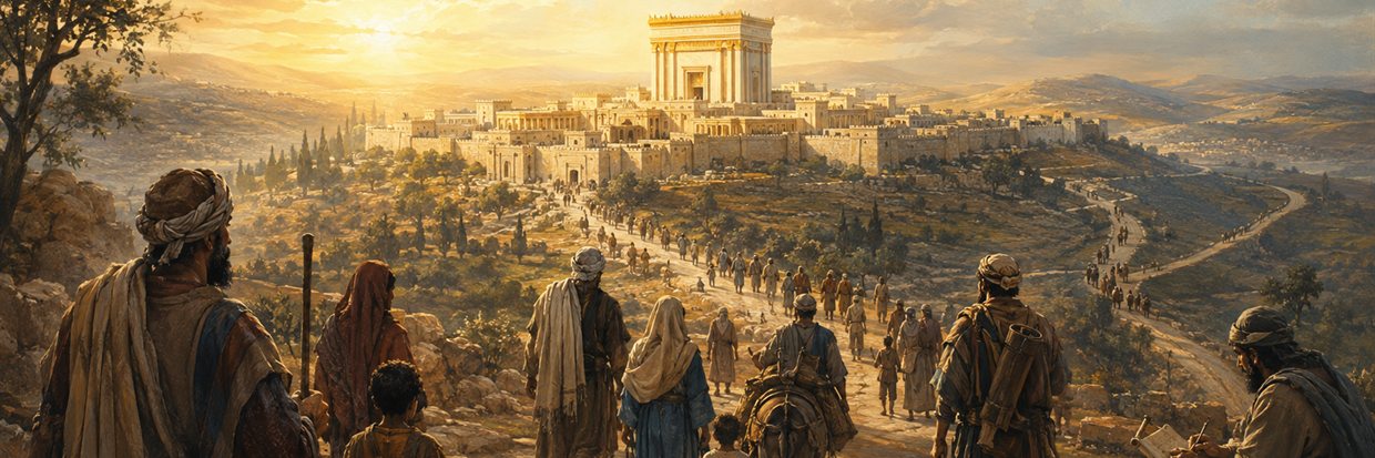 Families and pilgrims approaching Jerusalem during the First Temple period