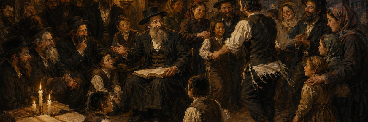 A Hasidic teacher, families and students sharing joyful prayer in a warm village room