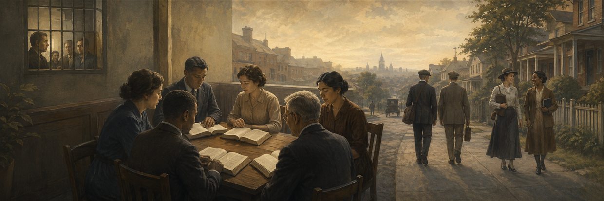 An early twentieth-century Bible study with pairs setting out through a neighborhood.