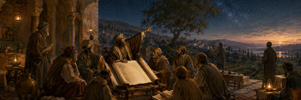 Karaite Jewish readers studying the written Bible beneath a night sky