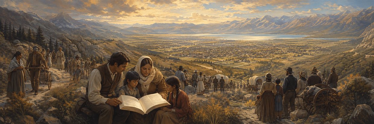 Pioneer families reading scripture as they enter the Salt Lake Valley.