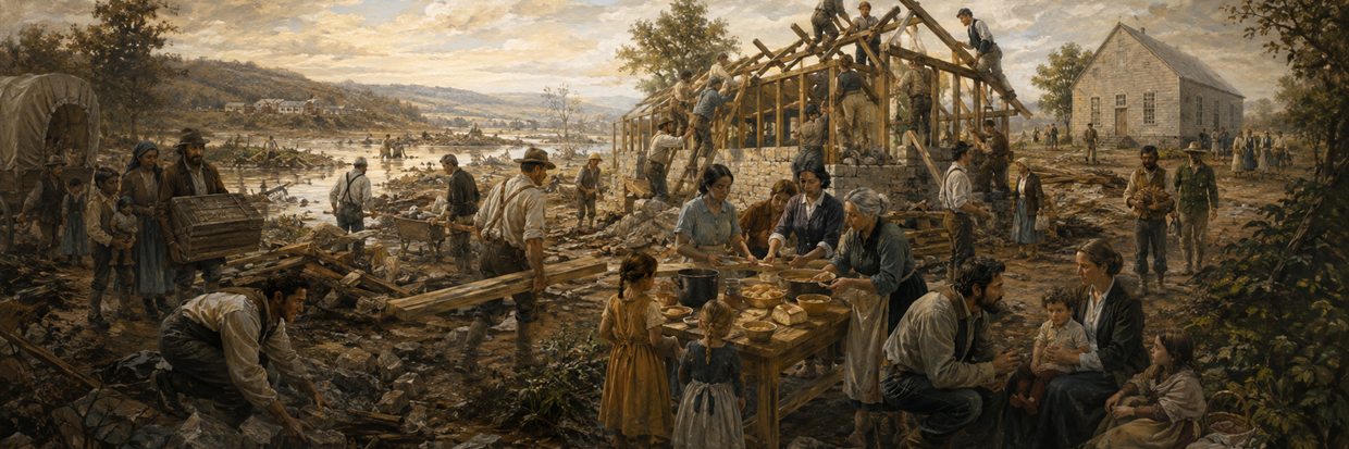 A Mennonite community rebuilding a neighbor's home after a flood