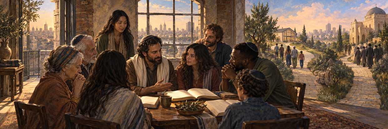 A multigenerational Messianic Jewish congregation studying scripture together.