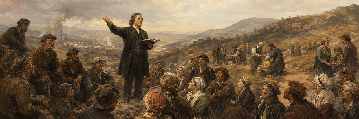 An outdoor Methodist gathering of workers and families listening to an itinerant preacher