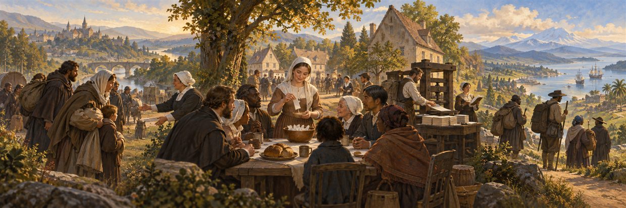 Moravian refugees sharing a lovefeast while printing and mission paths open outward.