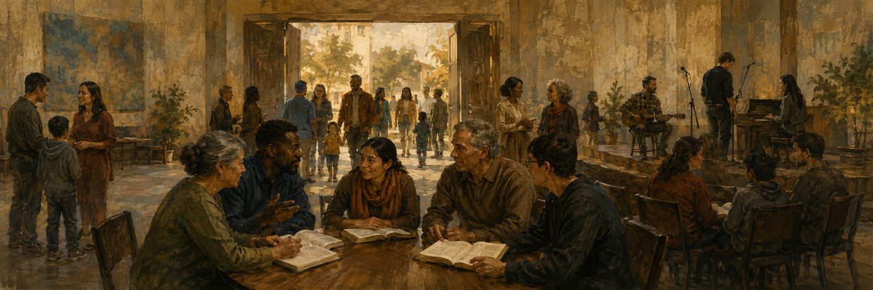 A welcoming independent congregation gathering in a simple community hall.