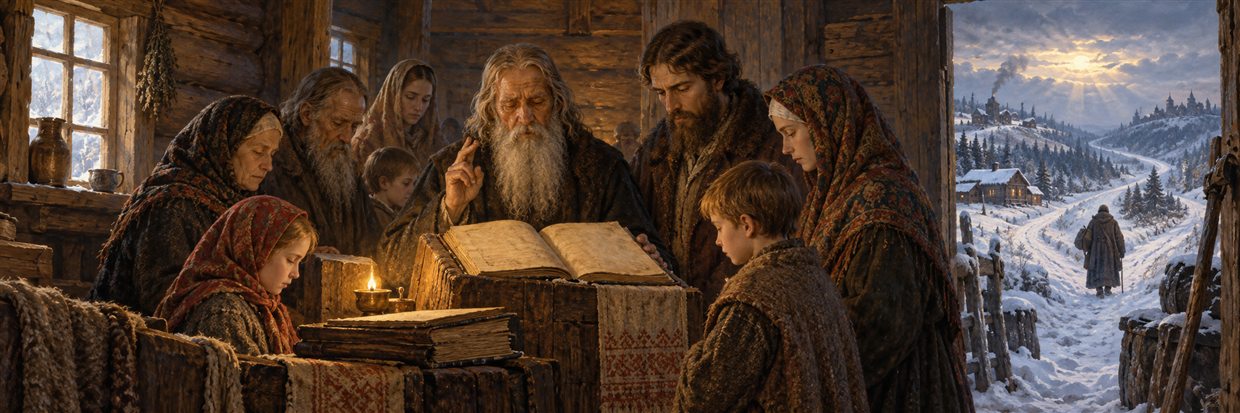 An Old Believer community preserving inherited worship and books in a winter prayer house.