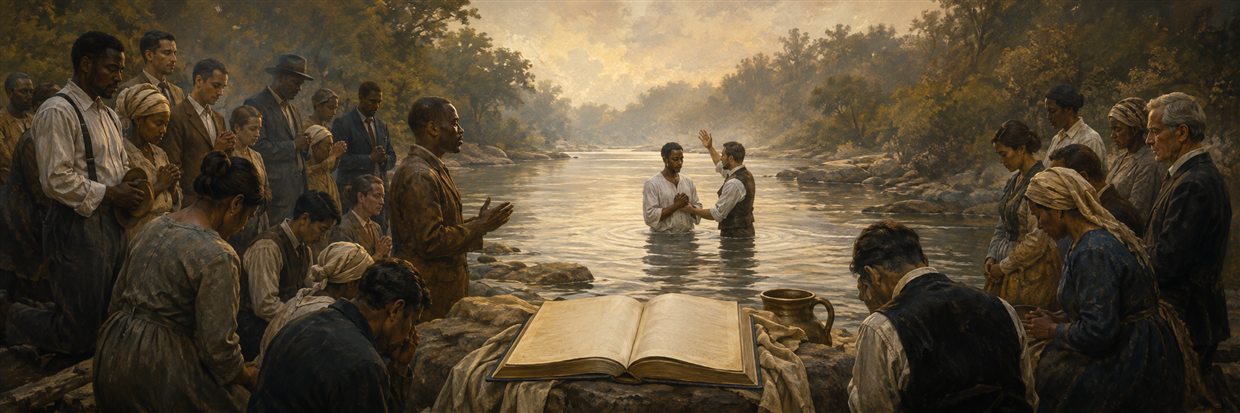 An interracial Pentecostal congregation praying beside a river baptism.