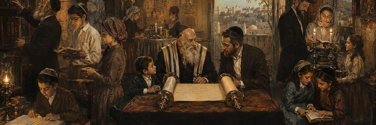 An Orthodox Jewish household studying Torah and preparing together for Sabbath