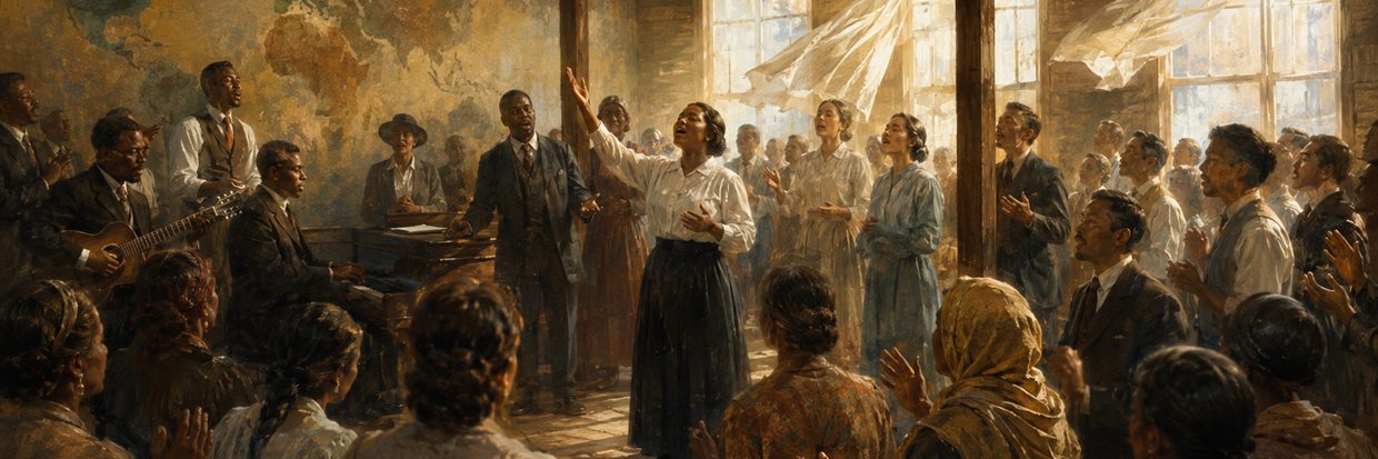 A diverse early Pentecostal congregation praying together in a humble mission hall