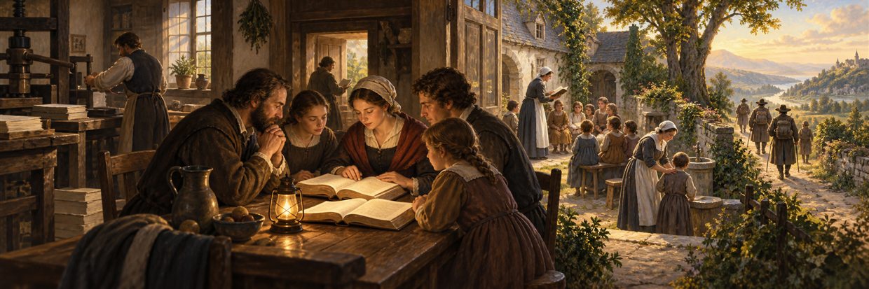 A Pietist household Bible gathering opening into education, care, printing, and mission.