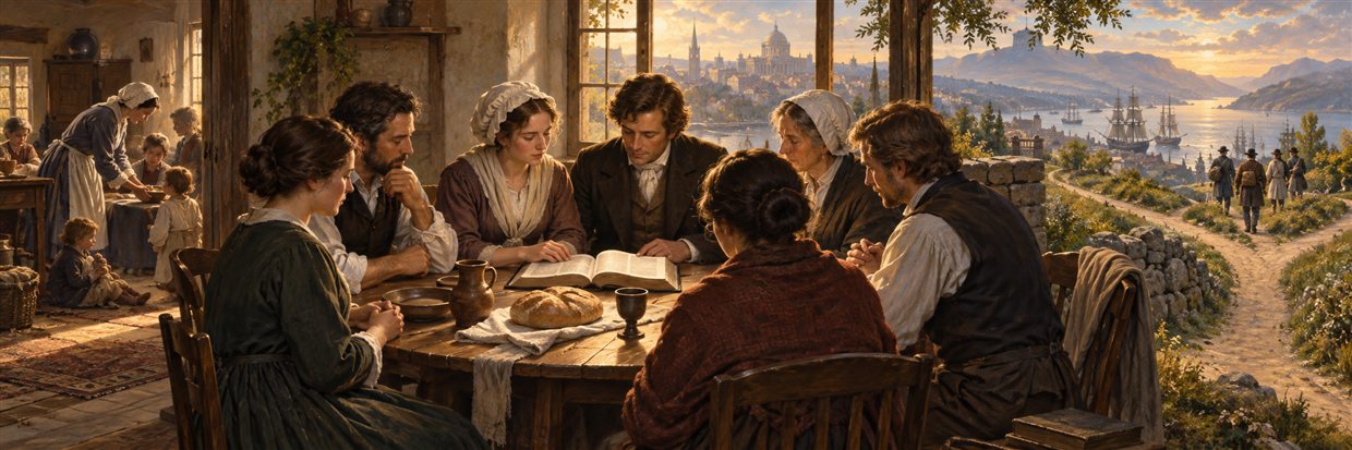 An early Plymouth Brethren gathering around scripture, bread, and shared service.
