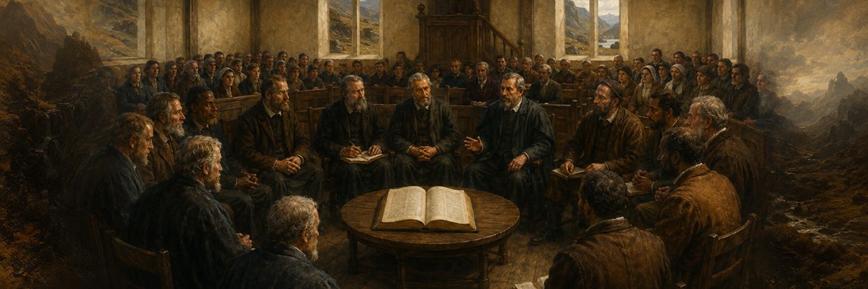 Presbyterian elders deliberating in a circle around an open Bible
