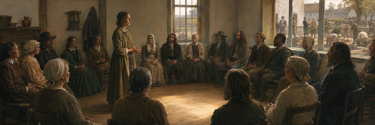 A Quaker meeting seated in a quiet circle as one Friend rises to speak
