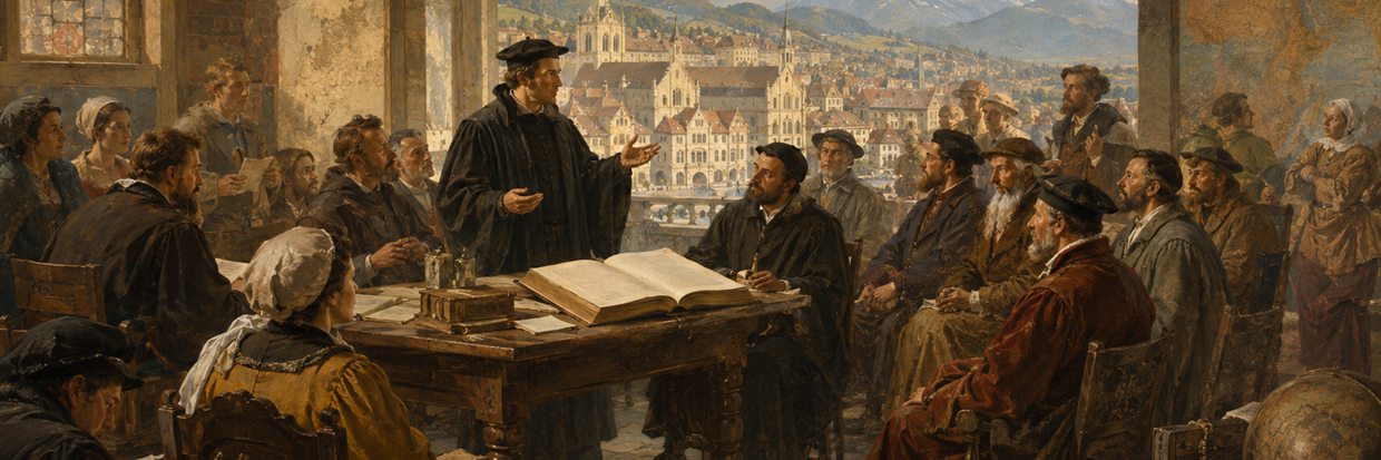 Reformed teachers, civic elders and townspeople studying scripture in a Swiss meeting hall