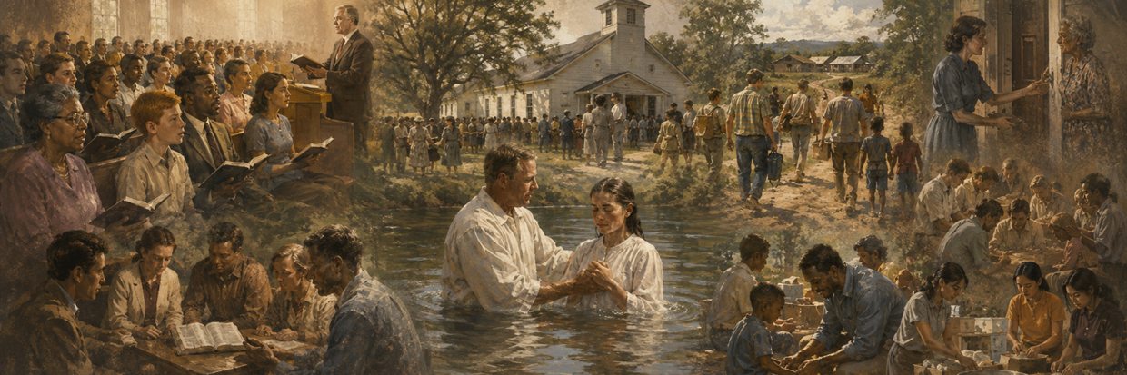 A Southern Baptist congregation joining baptism, scripture teaching and local service