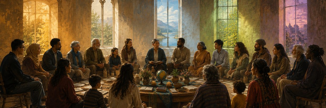 A diverse Unitarian Universalist community gathered beneath windows of many colors
