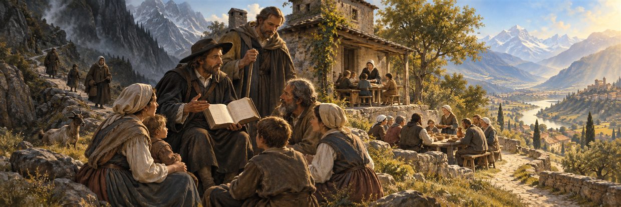 Waldensian preachers sharing scripture with families along an Alpine path.