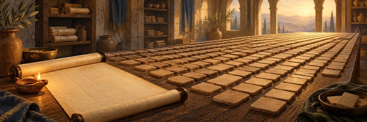 Rows of small clay name tablets arranged in long lines beside an open genealogy scroll