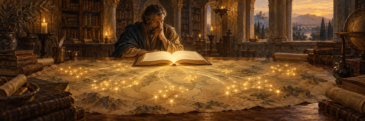 A scholar studies a Bible as luminous connections spread across a parchment landscape