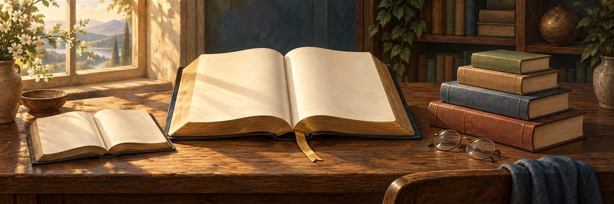 An open Bible on a reading desk beside a child's primer and a stack of graded readers