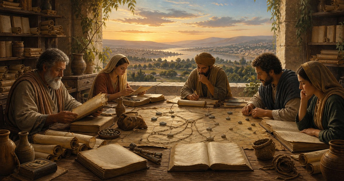 Researchers studying manuscripts together in an ancient library overlooking a sunlit landscape